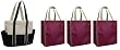 Reusable Grocery Tote Bag 4 Pack Combo, Includes 3 Burgundy Contrast Trim Grocery Totes + 1 Cotton Canvas Multiple Pocket Shoulder Tote