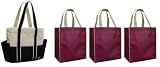Reusable Grocery Tote Bag 4 Pack Combo, Includes 3 Burgundy Contrast Trim Grocery Totes + 1 Cotton Canvas Multiple Pocket Shoulder Tote