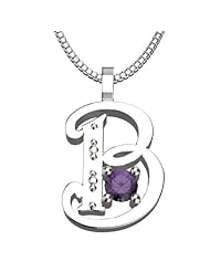 Sterling Silver Letter B - February Amethyst Birthstone 18 Inch Necklace