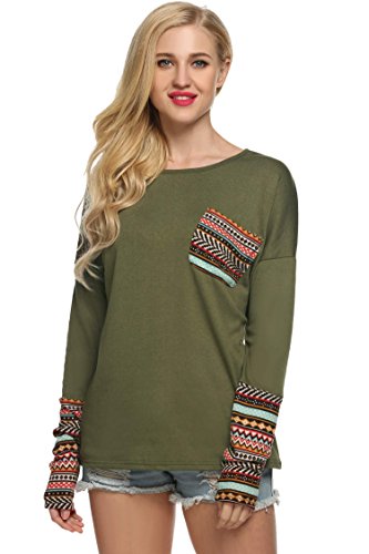 ACEVOG Women's Long Sleeve Loose Shirt Blouse Tops Print Spliced Pullover