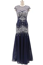 Natural   Waistline Mermaid Tulle Cap Sleeves High-Neck Illusion Beaded Lace Floor Length Prom Dress 