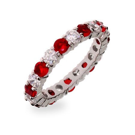 Eve's Addiction Ruby Red and Clear CZ Silver Eternity Ring