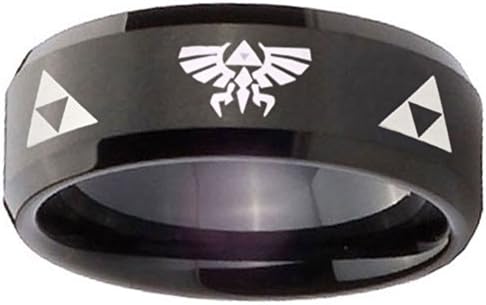 8MM Tungsten Triforce & Legend of Zelda Black Satin Finish Beveled Edges Men Wedding Ring Size 11