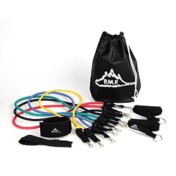 New Set of 5 B.m.p. Stackable Resistance Bands Tubes with Exercise Chart, Door Anchor, Ankle Strap, and Resistance Band Travel Bag. Great for Home Workout Fitness Training and Physical Therapy. Now Includes 90 Day No Questions Asked Money Back Guarantee.