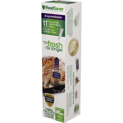 FoodSaver Speciality bag 11" x 16' BPA-Free Expandable Pleated Heat-Seal Roll Fits extra large tiems.- Keeps food fresh up to 5 times longer - Fits a turkey up to 23 lbs - Side pleats allow the bag to expand up to be 14 inches . Works with food saver heat seal systems. Simmer And Microwave Safe