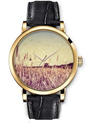 SPRAWL Aanalog Fashion Series Gold Ladies Watches of Genuine Black Leather Strap,Unique Wrist Watch for Women Girls Designed with grassland