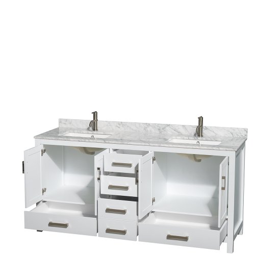 Wyndham Collection Sheffield 72 inch Double Bathroom Vanity in White, White Carrera Marble
