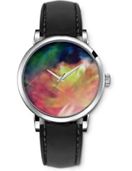 SPRAWL Aanalog Fashion Series Silver Ladies Watches of Genuine Black Leather Strap,Unique Wrist Watch for Women Girls Designed with Simulation flower on blurred colors