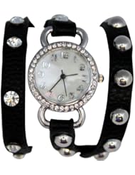 Womens Black Leather Wrap Watch - Silver Analog Rhinestone Studded Watch