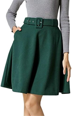 Prettygood Women's Wool High Waist Belted Double Pocket A-Line Flare Midi Skirt Green M