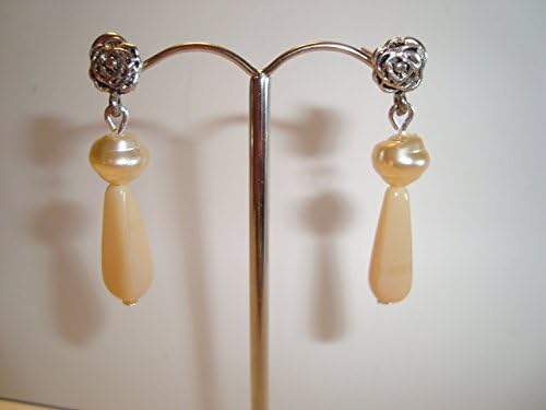 Freshwater Pearls - Cream Czech Beads - Rose Shaped Ear Post Earrings by LuDesignsCreations
