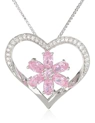 Sterling Silver Colored and Cubic Zirconia Heart Pendant Necklace, 18"