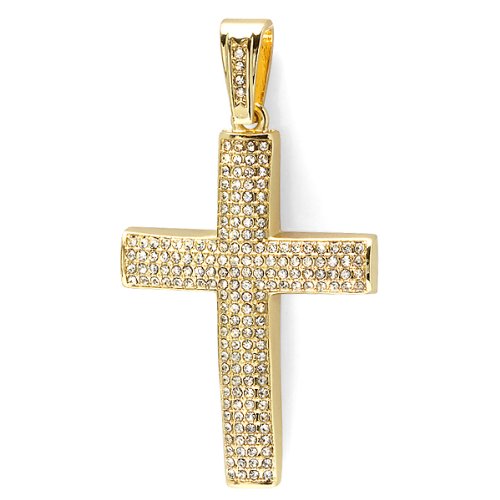 18k Yellow Gold Plated White CZ Cubic Zirconia Hip Hip Iced Micro Pave Mens Religious Cross Pendant (3 inch x 1.75 inch)