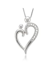 14K White Gold Round Diamond Heart Necklace of Mother and Child (1/10 cttw, G-H, I2)