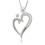14K White Gold Round Diamond Heart Necklace of Mother and Child (1/10 cttw, G-H, I2)