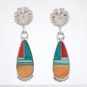 Southwestern Native American Turquoise, Coral and Spiny Oyster Inlaid Dangle Earrings in Sterling Silver by Ray Tracey, #8620