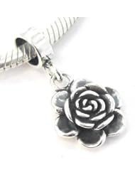 .925 Sterling Silver " 3D Rose Flower Charm Dangle " Compatible with Pandora Chamilia Kay Troll Bracelet