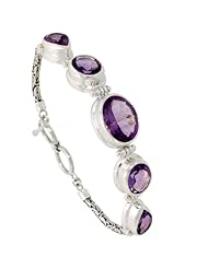 Sterling Silver Bali Style Byzantine Toggle Bracelet, w/ one Oval Cut 17x13mm, two Oval Cut 13x11mm, two Pear Cut 13x9mm Natural Amethyst Stones, 1/2 inch (14 mm) wide