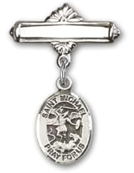 Sterling Silver Baby Badge with St. Michael the Archangel Charm and Polished Badge Pin