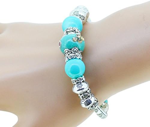 Serling silver jewelry heart charm bangles bracelets glass beads strand women