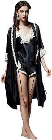 YIGELILA Women Sexy Real Silk Lace Embroidery Pajama Suits of 3 Black Large 881