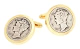 JJ Weston yellow gold plated wide bezel set Mercury Dime coin cufflinks with presentation box. Made in the U.S.A