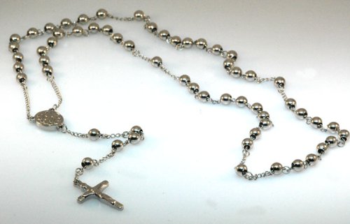 Mens White Stainless Steel Rosary Necklace with Cross - 28