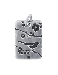 Genuine Marbella (TM) .925 Sterling Silver Rectangle Songbird and Flowers Charm Pendant (17 x 12 mm each). 100% Satisfaction Guaranteed.
