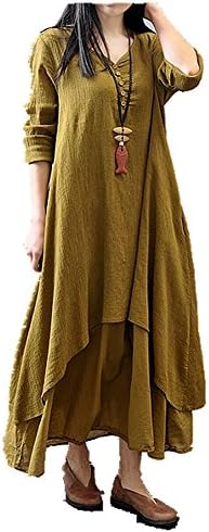 daisyley Women's Summer long Dress linen cotton clothing (Asian M, Ginger)
