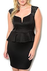 Plus Size Cutout Peplum Cotton/Polyester Plunging Neck  Dress