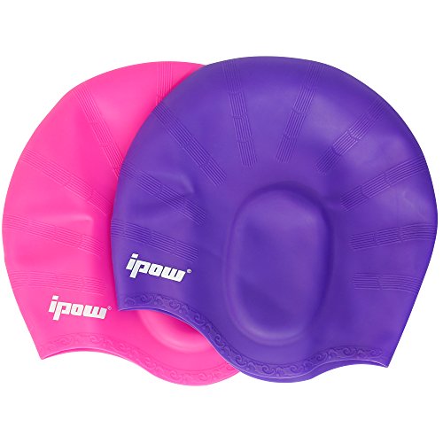 2 Pack,IPOW Soft Wrinkle-Free Silicone Swim Swimming Cap Soft Ear Protective Bating Hat Cap for Short and Medium Length Hair,Purple+Rose Red