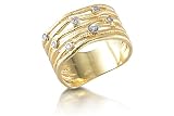 14K Yellow Gold Matte-Finish Hand-Crafted Designer Ring, Enhanced with Bezel Set Diamonds.