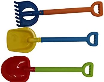 Leisure Way, Childrens Sand Tools, 3 Piece Set, Digging Shovel, Rake, and Hauling Shovel, 21 Inches, Colorful, Faux Fishnet Carry Bag.