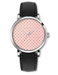 SPRAWL Aanalog Fashion Series Silver Ladies Watches of Genuine Black Leather Strap,Unique Wrist Watch for Women Girls Designed with Black spots on pink background