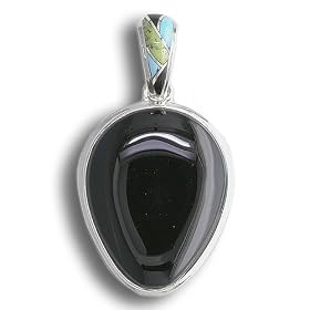 Sterling Silver Onyx Pendant with Inlaid Onyx, Turquoise and Gaspeite Bale By... by Sajen Sterling Silver