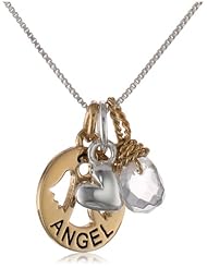 Two-Tone Sterling Silver with Yellow Gold Flashed "Angel" Charm Necklace with Heart Charm and Crystal, 18"