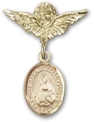 Gold Filled Baby Badge with Marie Magdalen Postel Charm and Angel with Wings Badge Pin