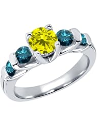 1.68 Ct Round Canary and Blue Diamond 14K White Gold Ring