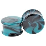 Pair of Glass Double Flared Borostone Plugs:00g Aqua / Black
