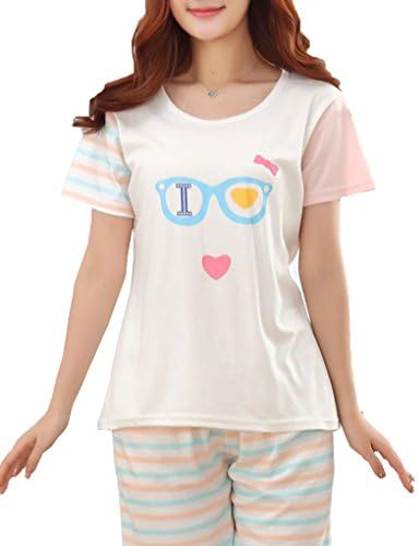 MyFav Women's Striped Casual Pajama Sets Cute Glasses Printed Sleepwear Shorts
