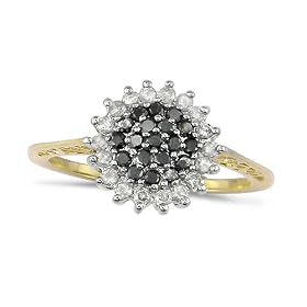 9ct Yellow Gold Ladies Black and White Diamond Cluster Ring Set with 0.33ct of Diamonds Size - P