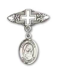 Sterling Silver Baby Badge with St. Monica Charm and Badge Pin with Cross