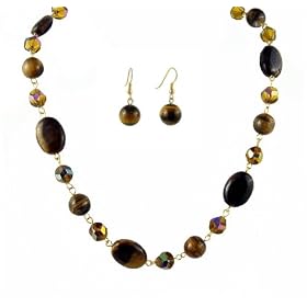Necklace & Earring Set - Tiger's Eye and Fire Polished Glass(4). by 