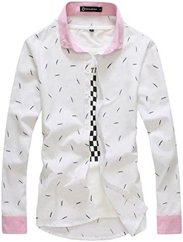 Free2mys Men's Print Long Sleeve Slim Shirt (White, Asia L)