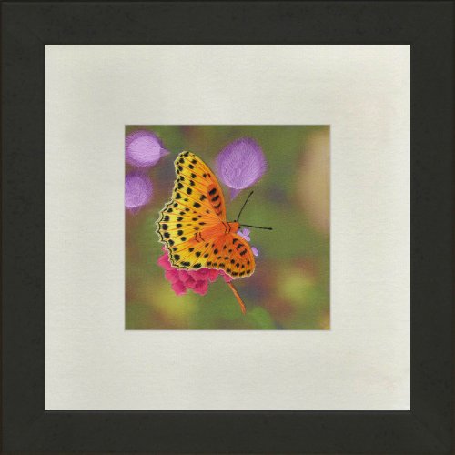 Susho, King Silk Art Handmade Silk Embroidery - One Butterfly - White Mat Framed Regular Size 13018WF