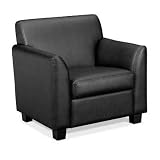 HON COMPANY Tailored Black Leather Club Chair, Wood Legs, 33 x 28-3/4 x 32