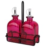 Roman Olive Oil & Vinegar Fuchsia Glass Bottle Tabletop Kitchen Set - R01 Set of 2, Fuchsia Colored Glass Olive Oil & Vinegar Glass Bottle Dispenser w/ Spout ~ Pourer ~ Cruet ~ Drizzler with Black Rod Iron Stand for Tabletop, Bar Top, Kitchen Counter or Patio.