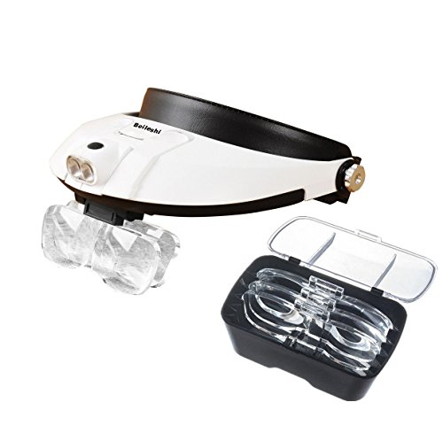 Beileshi Handsfree Head Mount Magnifier with Detachable LED Head Lamp - 5 Replaceable and Interchangeable Lenses: 1.0X, 1.5X, 2.0X, 2.5X, 3.5X - Single-Plate and Bi-Plate Lens Magnification Allowed to Achieve Magnification Power of 3.0X, 4.0X, 4.5X,