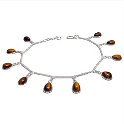 Valentine Gifts for Her Sterling Silver Tiger's Eye Anklet Bracelets Pair 9.5 inches
