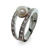 Eve's Addiction Sterling Silver Freshwater Pearl Ring with Two Rows of CZs